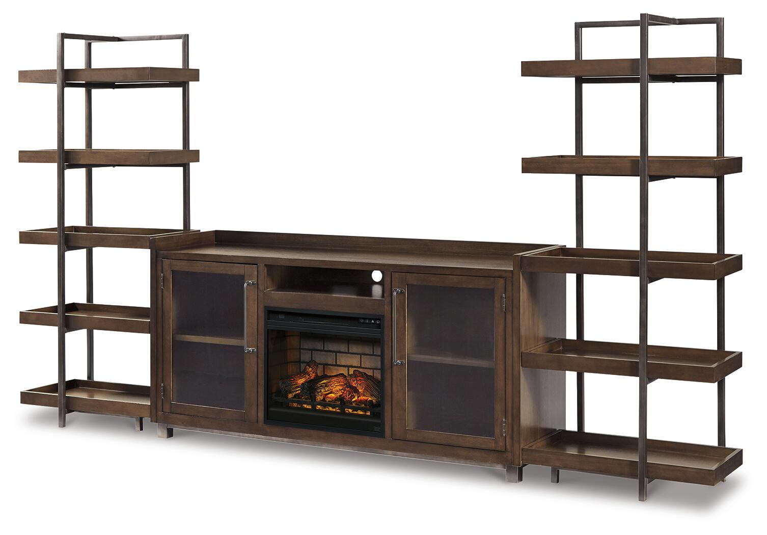 Dark brown TV stand with 3-door media cabinet and faux firebox insert between shelves