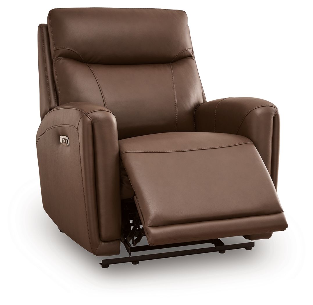 Brown leather-look power recliner with extended footrest and side controls