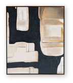 Framed abstract wall art with dark shapes and cream and brown block panels