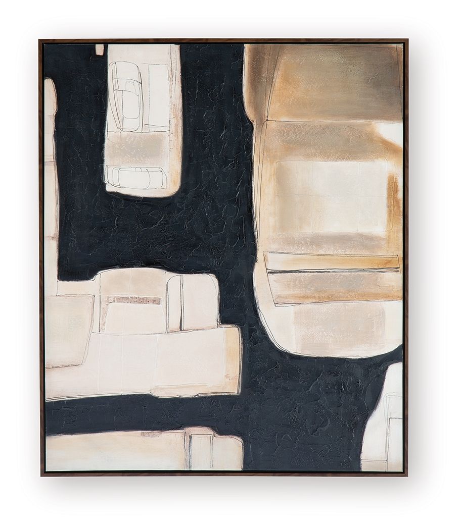 Framed abstract wall art with dark shapes and cream and brown block panels