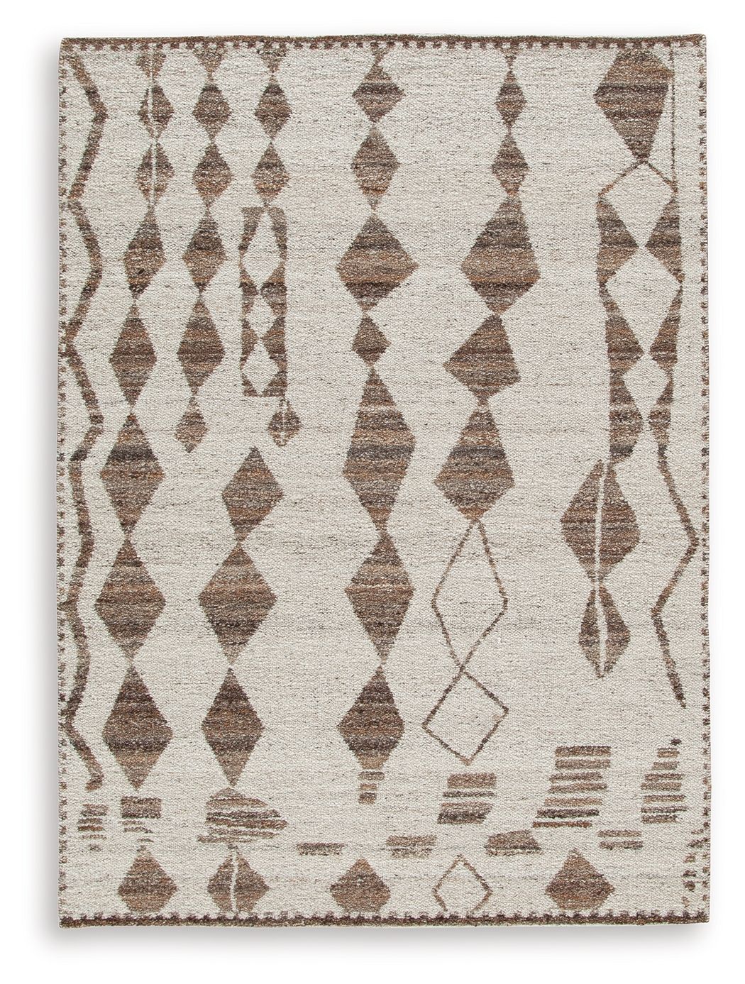 Geometric area rug with ivory base and dark brown diamond pattern, textured border