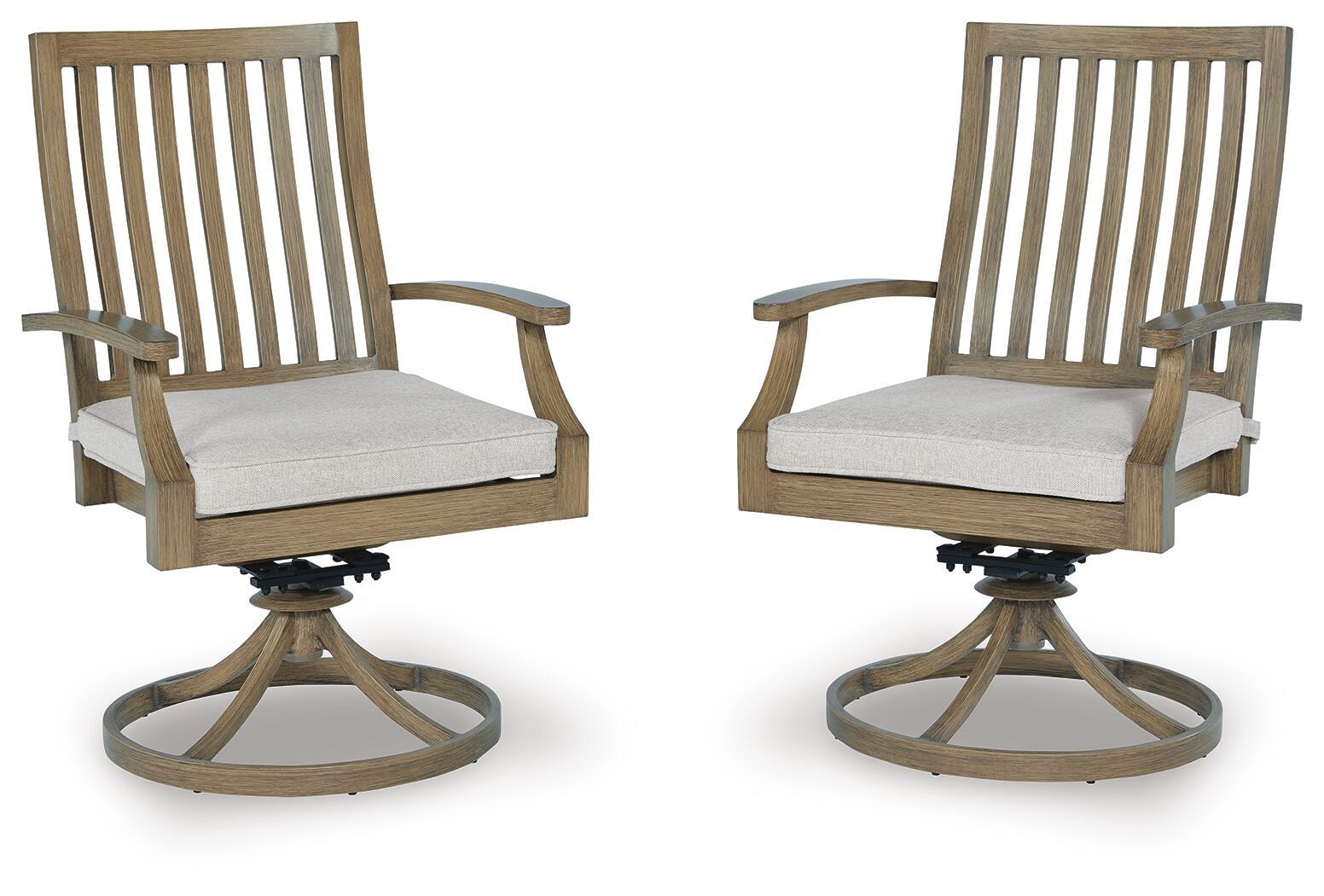 Pair of swivel patio chairs with light gray cushions, brown slatted backs and round bases