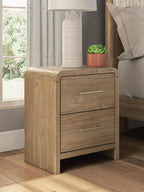 Warm natural brown wood two-drawer nightstand with front drawer and metal pull