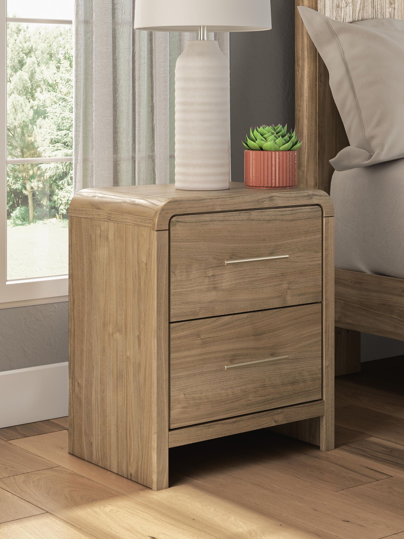 Warm natural brown wood two-drawer nightstand with front drawer and metal pull