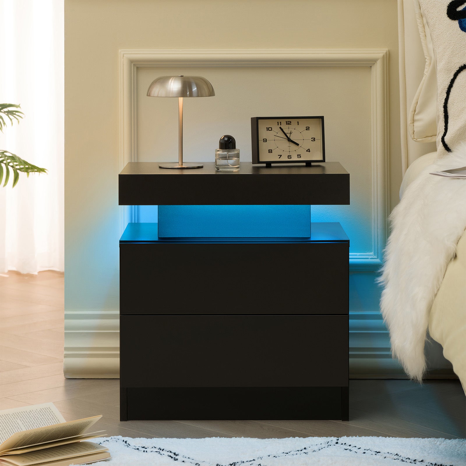 Modern Black LED Nightstand Bedside Table with 2 Drawers