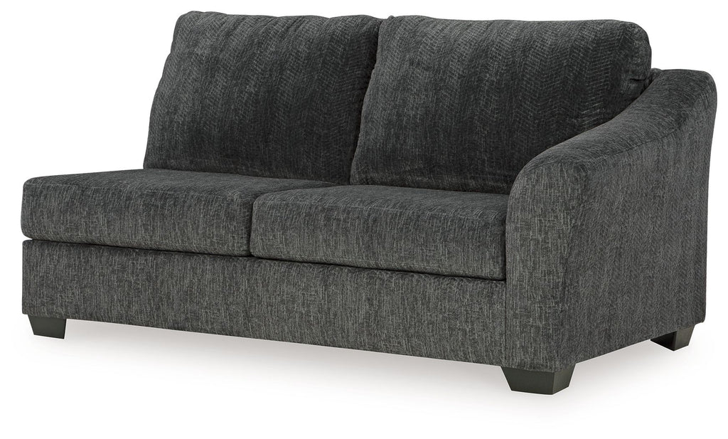 Dark gray fabric sofa sleeper with two padded back cushions and wide armrests