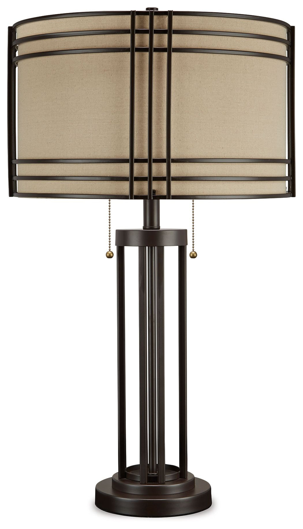 Dark brown metal table lamp with beige drum shade and vertical column body