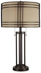 Dark brown metal table lamp with beige drum shade and vertical column body