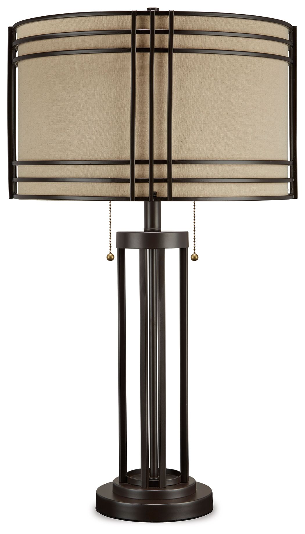 Dark brown metal table lamp with beige drum shade and vertical column body