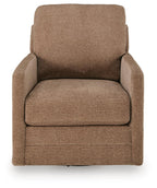 Light brown swivel accent chair with upholstered arms and rounded back