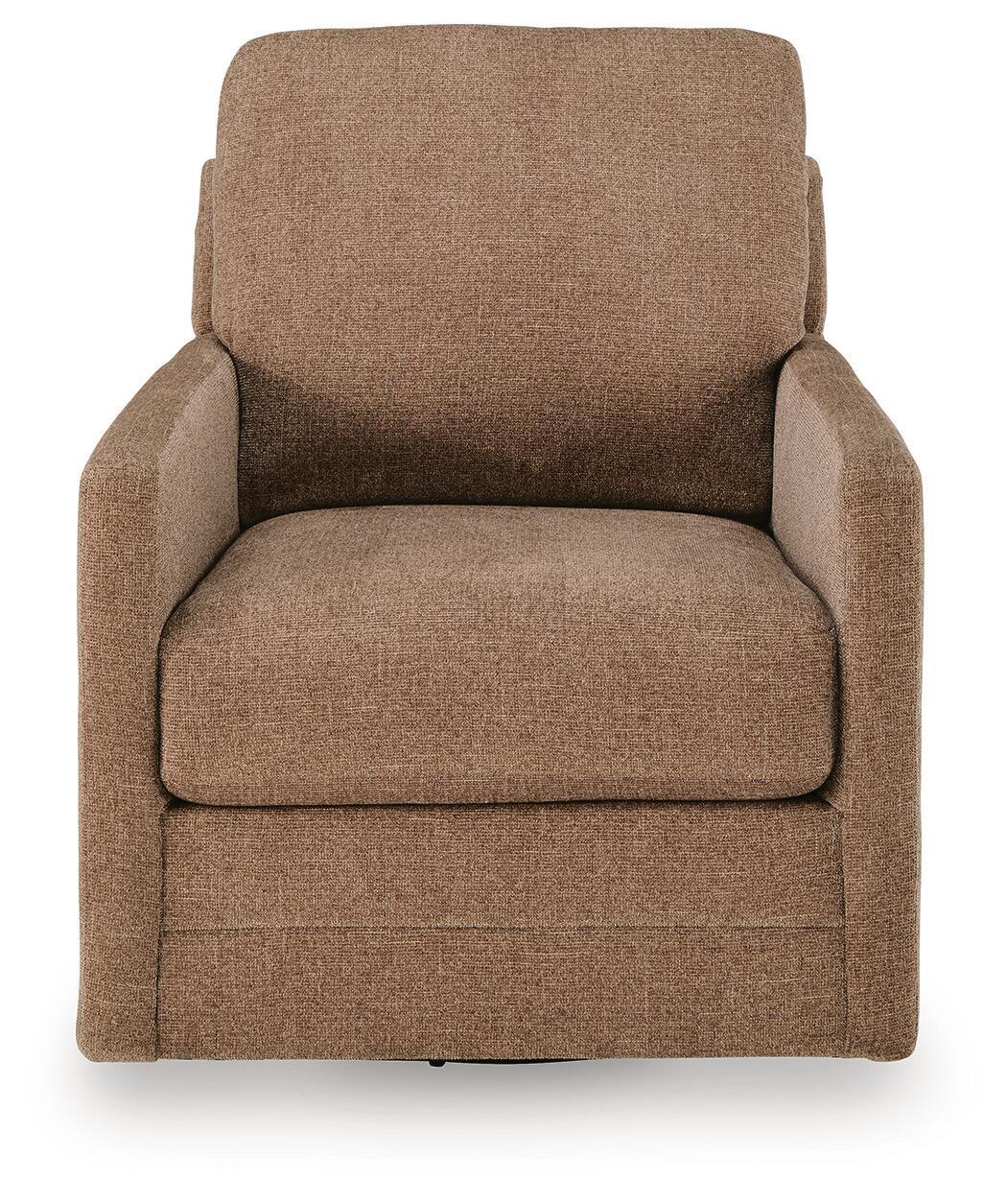 Light brown swivel accent chair with upholstered arms and rounded back