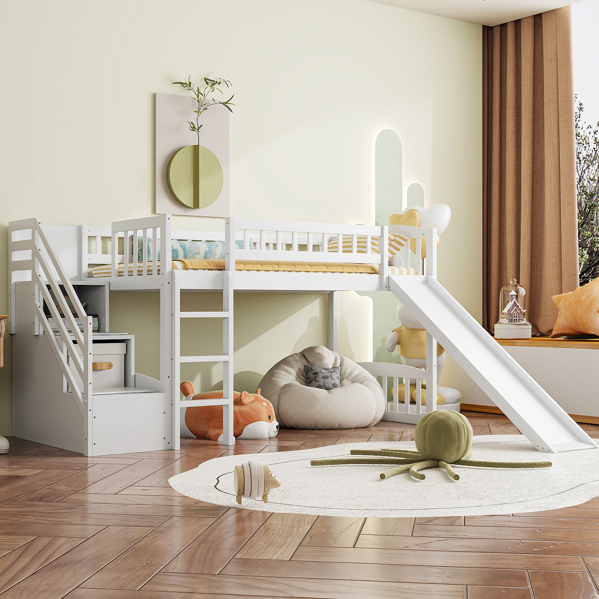 Twin Size Stairway Loft Bed with Slide & Drawers - White