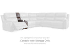 Console with storage component on a white sectional sofa, shown in one corner