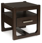 Square dark brown wood end table with lower shelf and drawer, silver pull