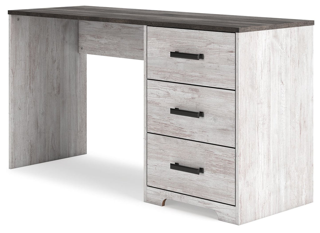 Home office desk, light gray wood-look finish, three drawer fronts with black bar pulls