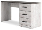 Home office desk, light gray wood-look finish, three drawer fronts with black bar pulls