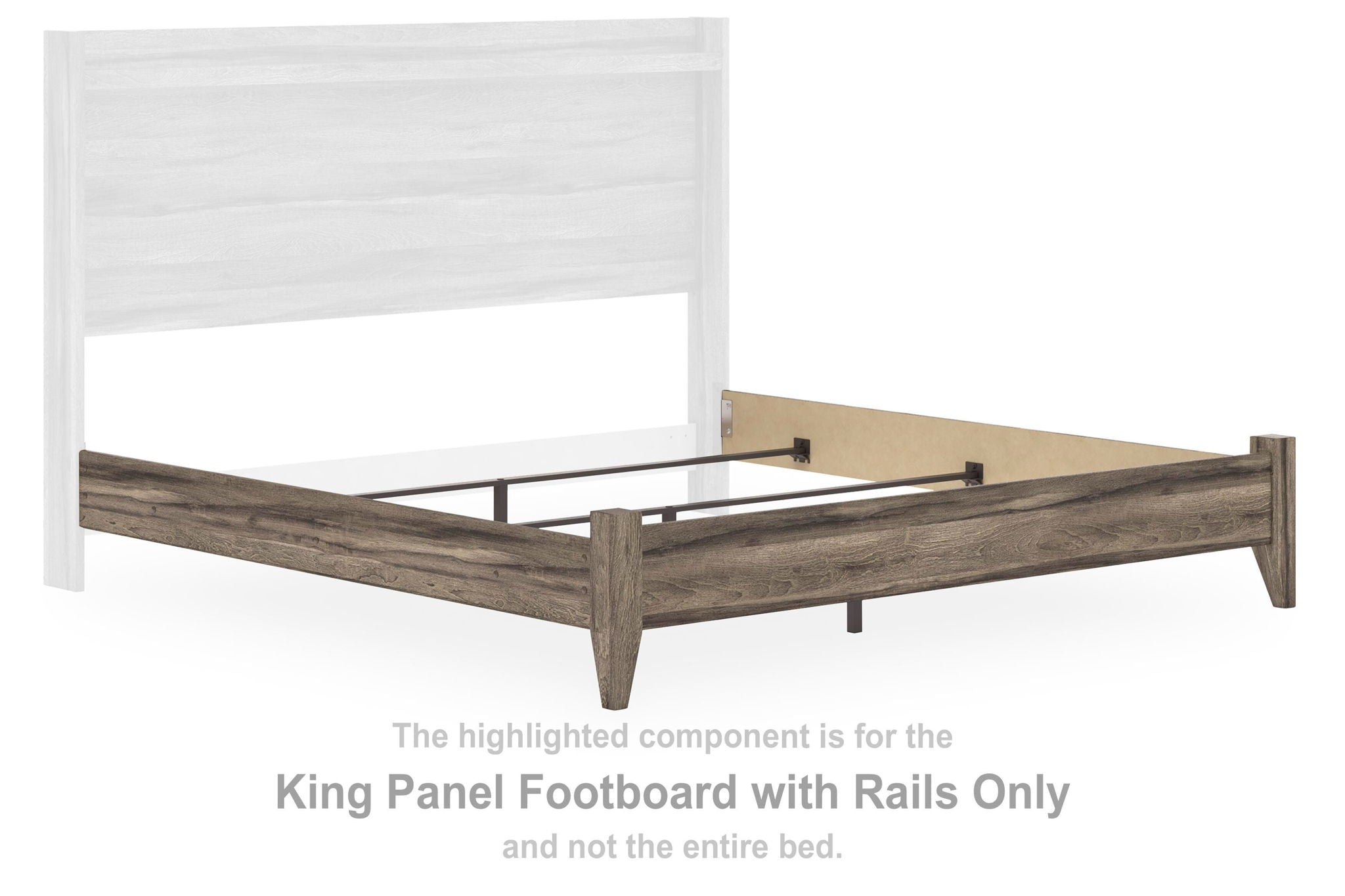 Brown king panel footboard with rails, wooden bed frame front