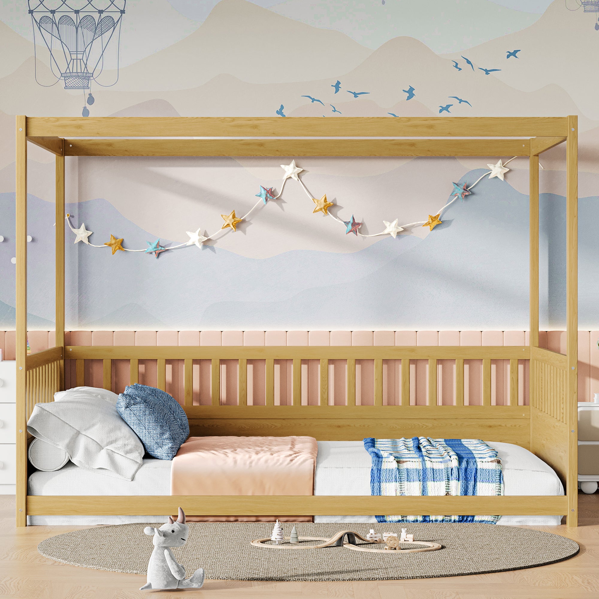 Full Size Kids Canopy Floor Bed with Guardrails - Wood Four Poster