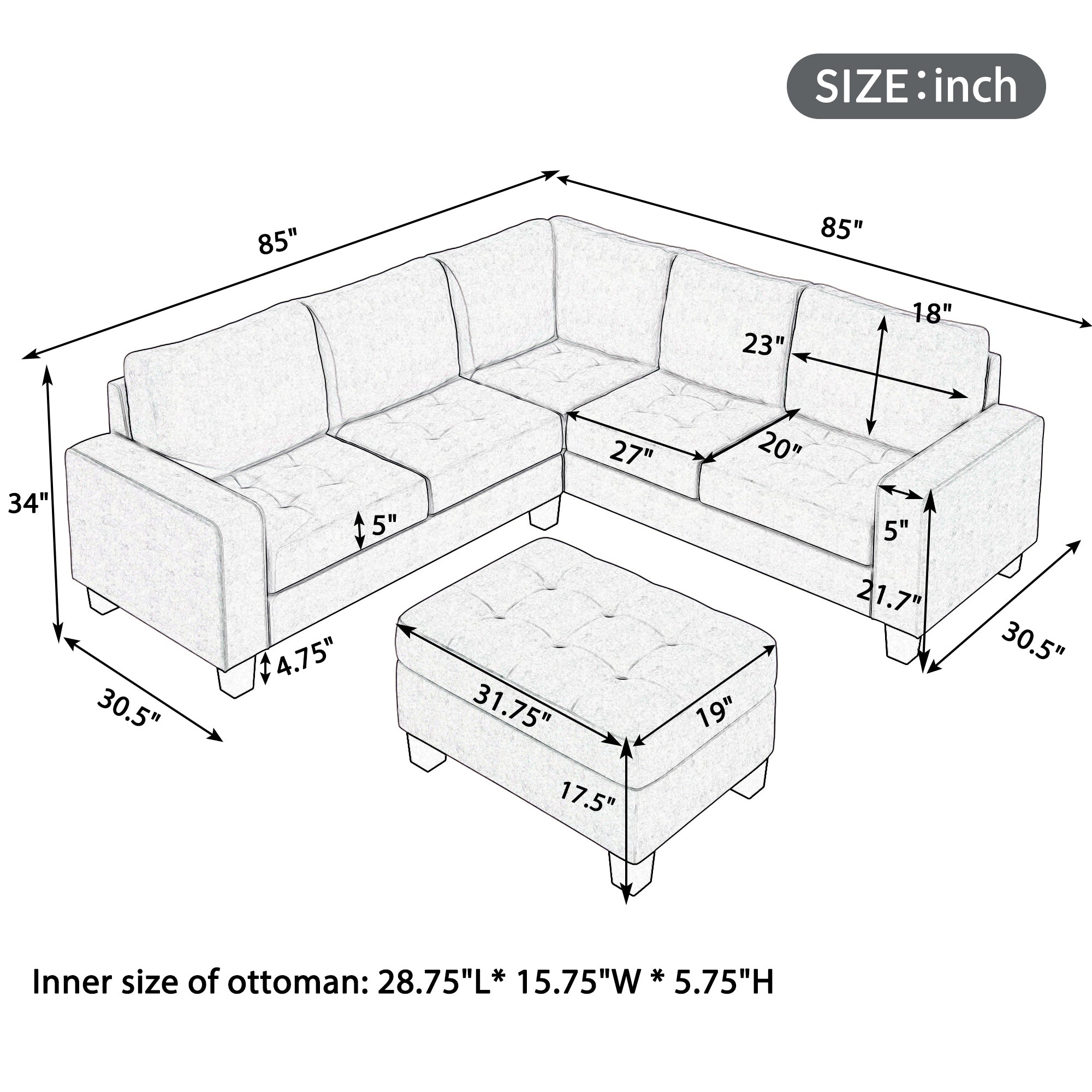 Light Grey L-Shaped Sectional with Storage & Cup Holders