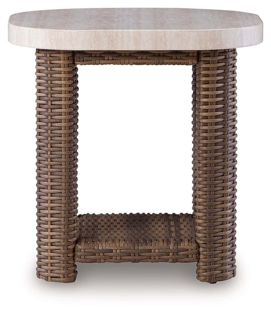 Brown woven end table with round tabletop and open lower shelf