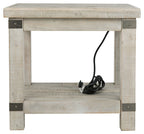 Rectangular end table with whitewashed gray finish and lower shelf, squared legs