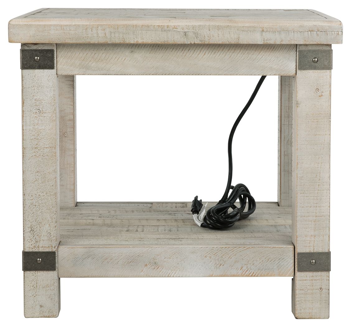 Rectangular end table with whitewashed gray finish and lower shelf, squared legs