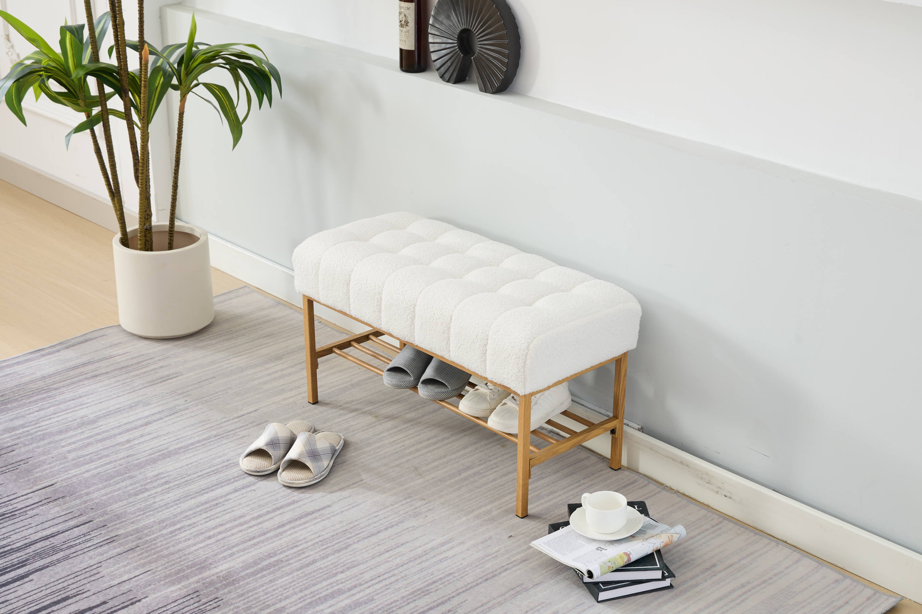 Upholstered Storage Bench with Shelf - Linen White