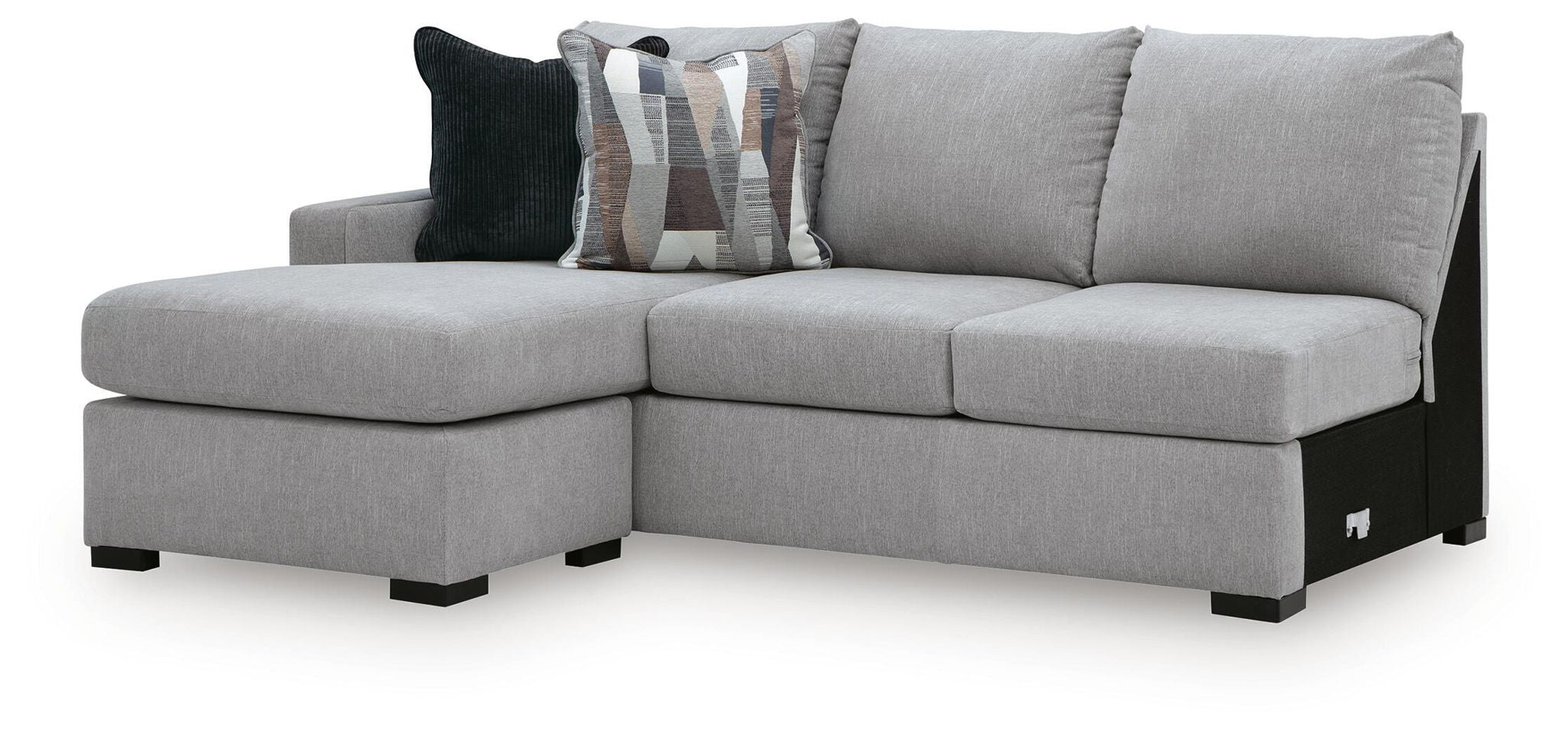 Lakepoint LAF sofa chaise with light gray upholstery, chaise extension, and patterned throw pillows