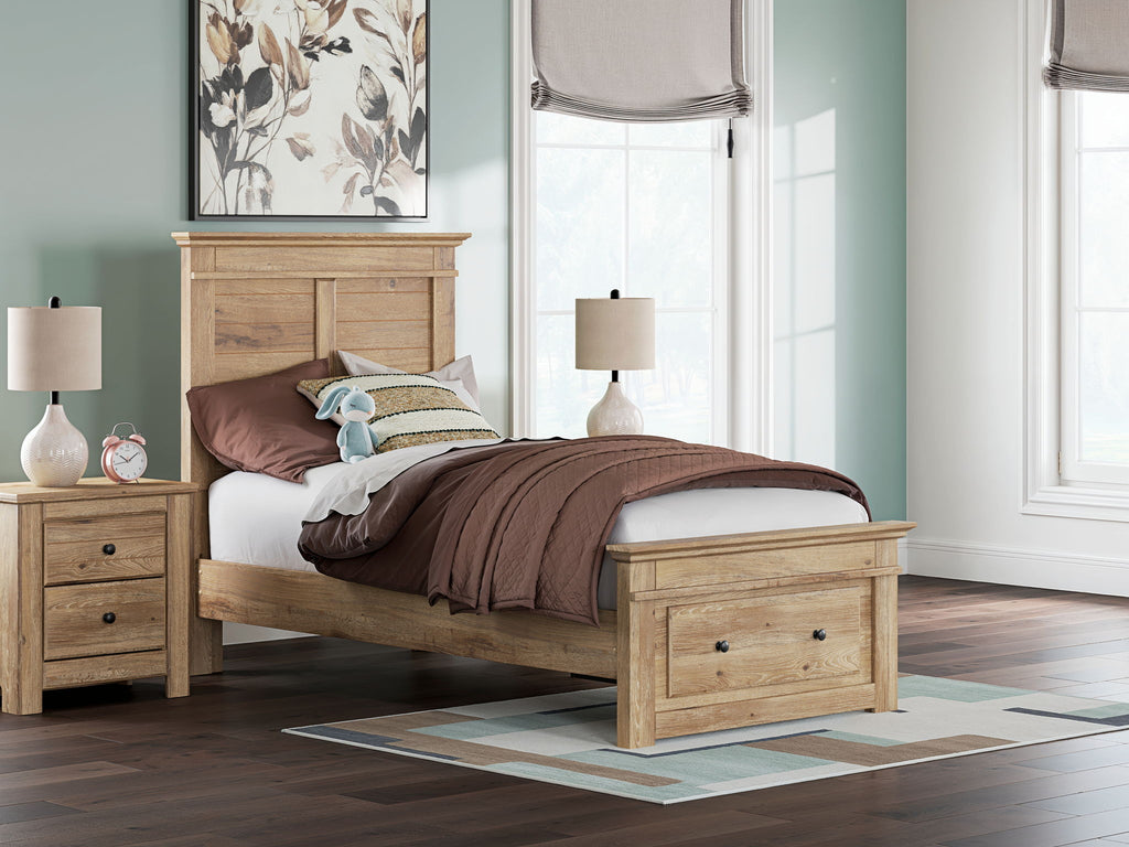 Light brown wood panel storage bed with slatted base and drawer footboard