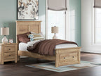 Light brown wood panel storage bed with slatted base and drawer footboard