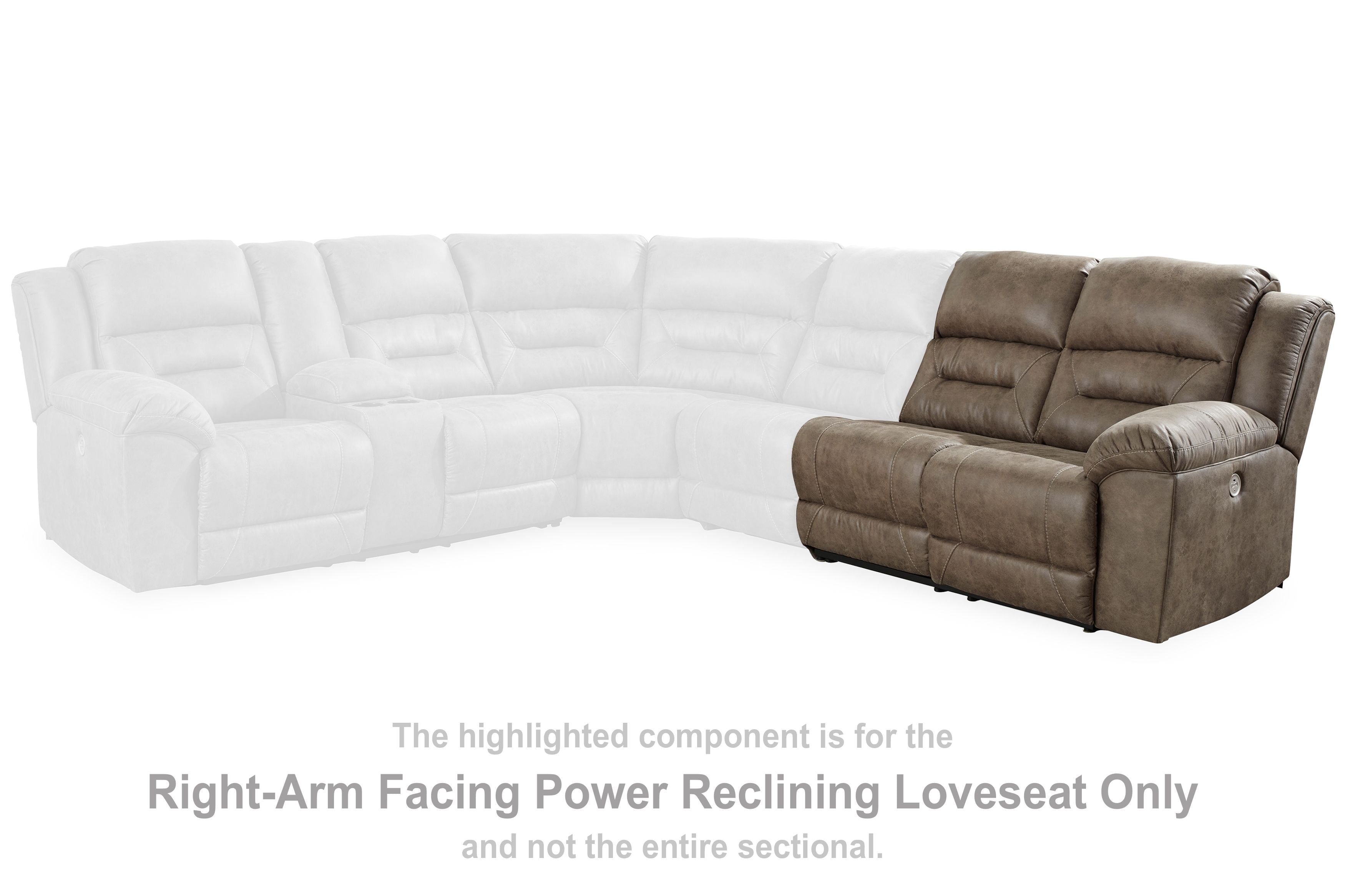 Right-arm facing power reclining loveseat in dark fossil brown on a sectional