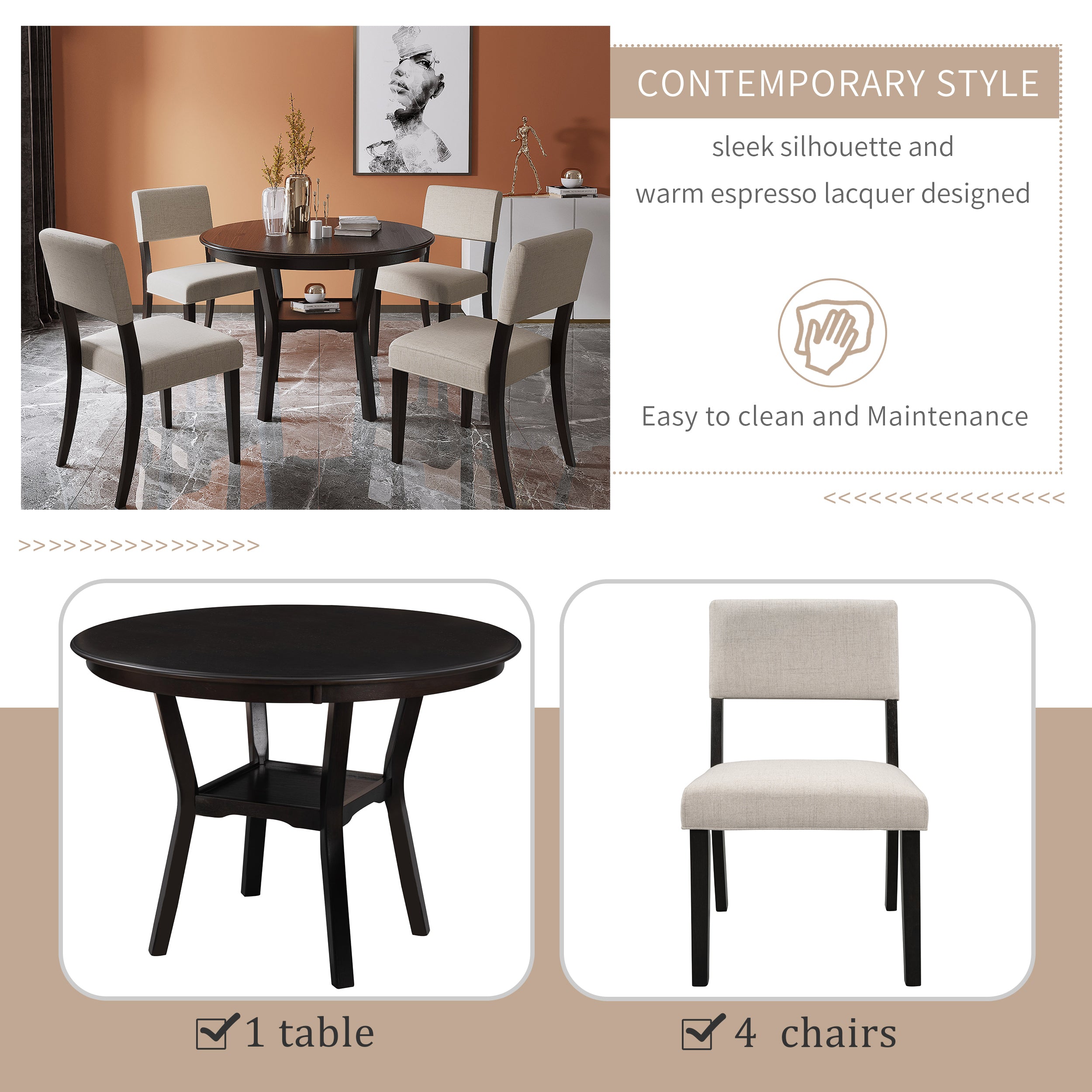 5-Pc Dining Set w/ Round Table & Chairs (Espresso)