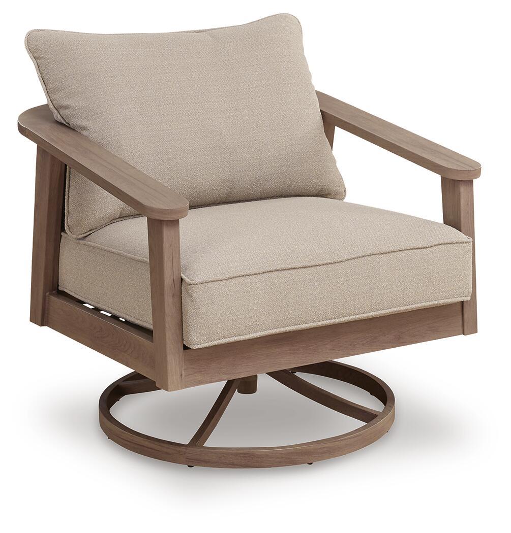 Swivel lounge chair with light tan cushion and dark wood rounded base