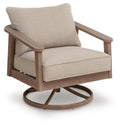 Swivel lounge chair with light tan cushion and dark wood rounded base