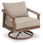 Swivel lounge chair with light tan cushion and dark wood rounded base