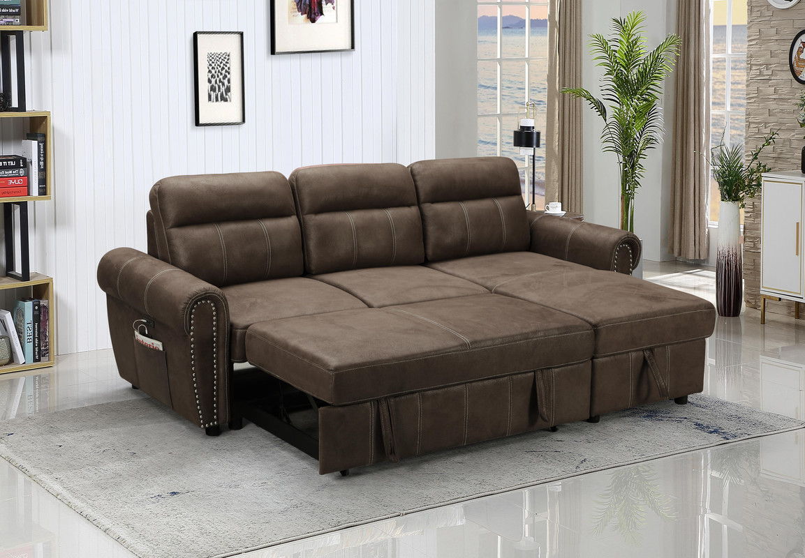 Hugo - Reversible Sleeper Sectional Sofa Chaise With USB Charger - Brown