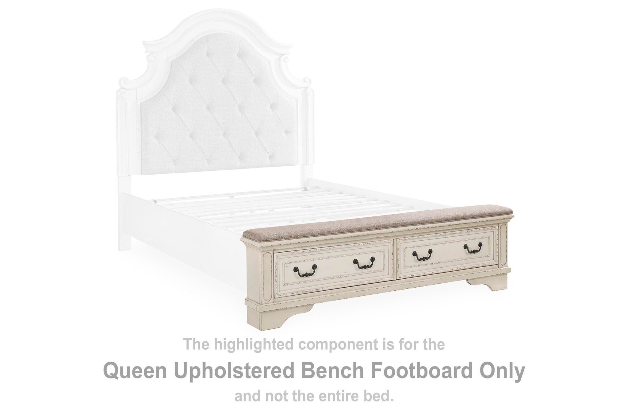 Queen upholstered bench footboard with tufted back, chipped white finish, drawer fronts