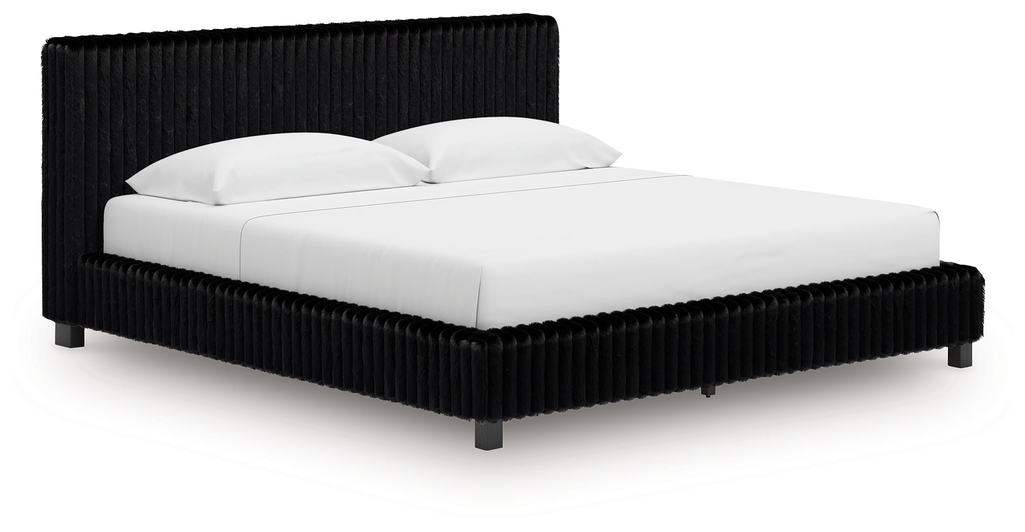 Upholstered bed with black ribbed headboard and dark base, white mattress and bedding
