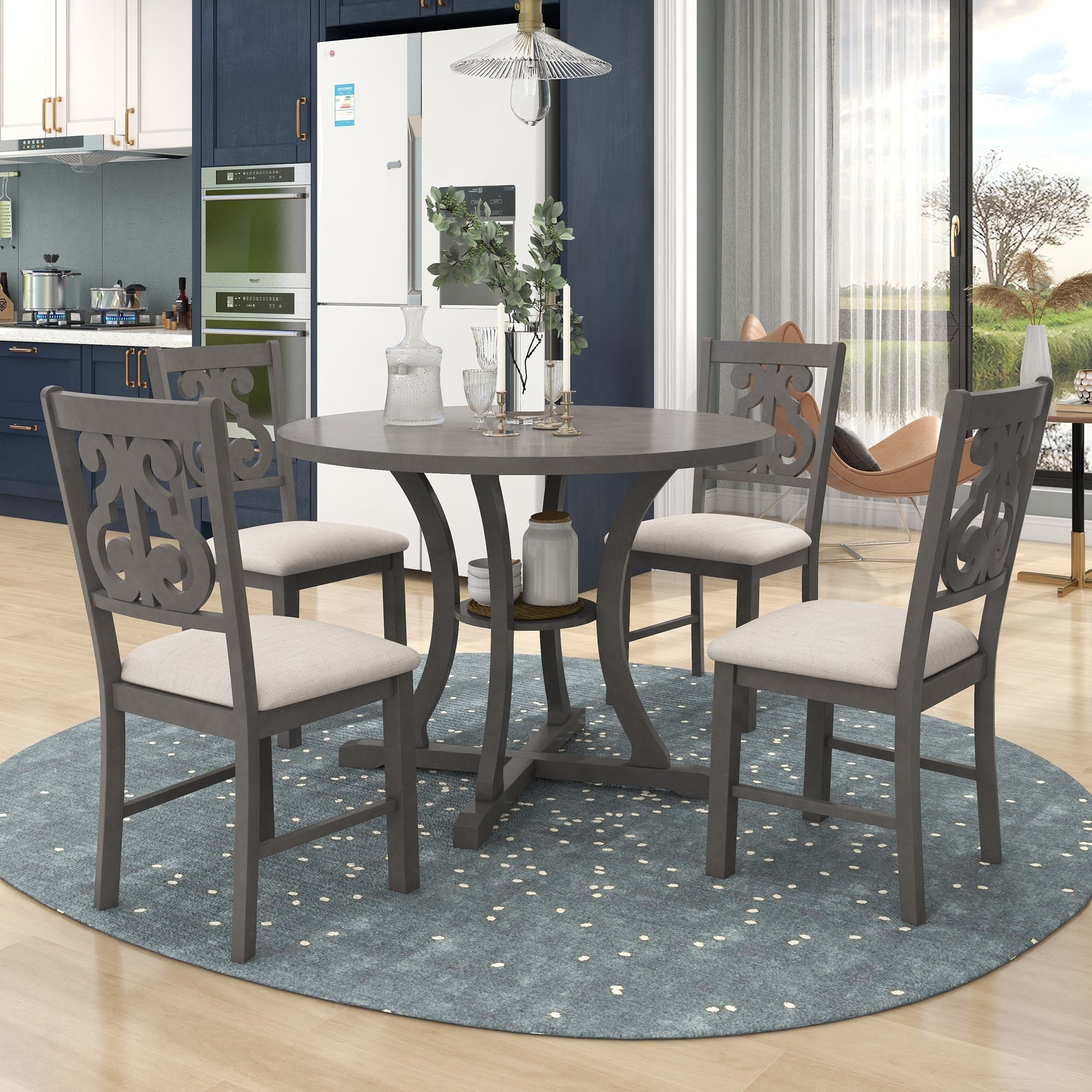 5-Pc Round Dining Set w/ Hollow Back Chairs (Gray)