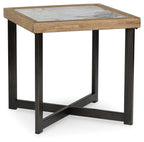 Square end table with light stone-look top and dark wood frame, X cross brace