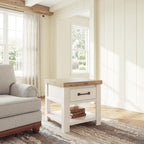 White rectangular table with wood top, one drawer and open shelf, dark bronze pull.