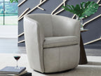 Light beige upholstered swivel chair with rounded arms and contoured base