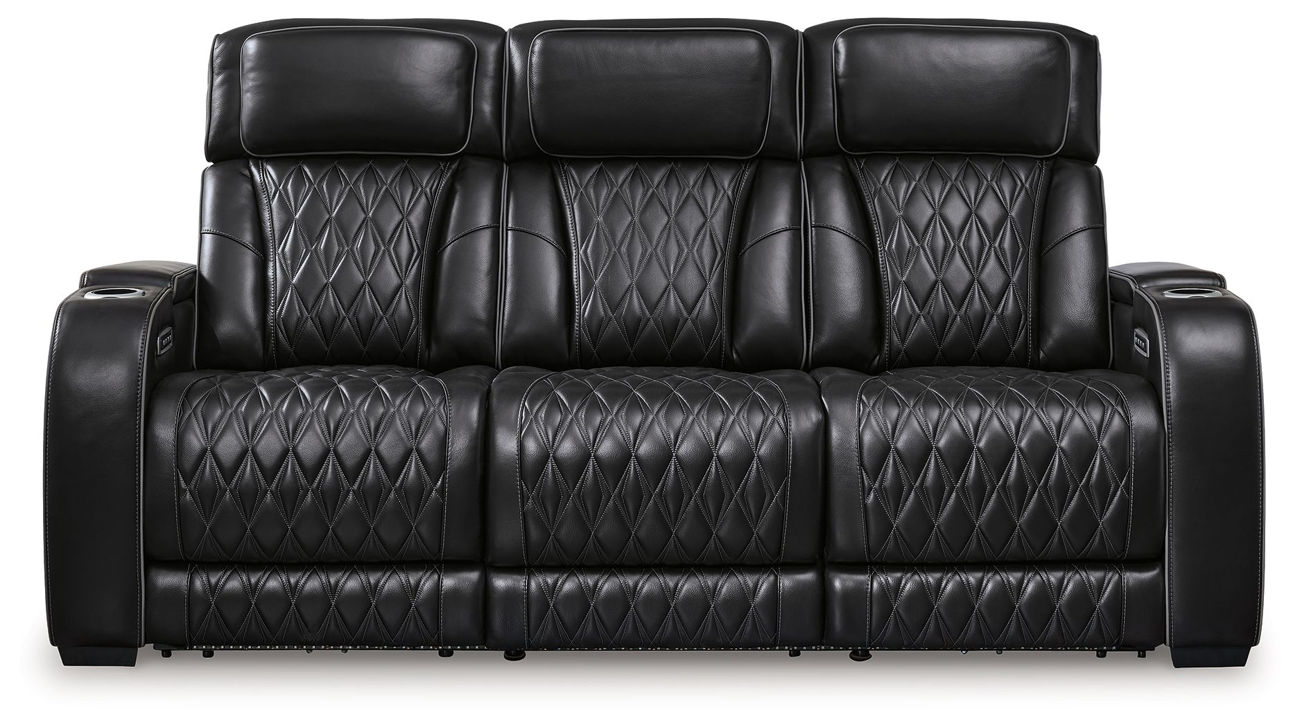 Black power reclining sofa with three padded headrests and diamond-quilted upholstery