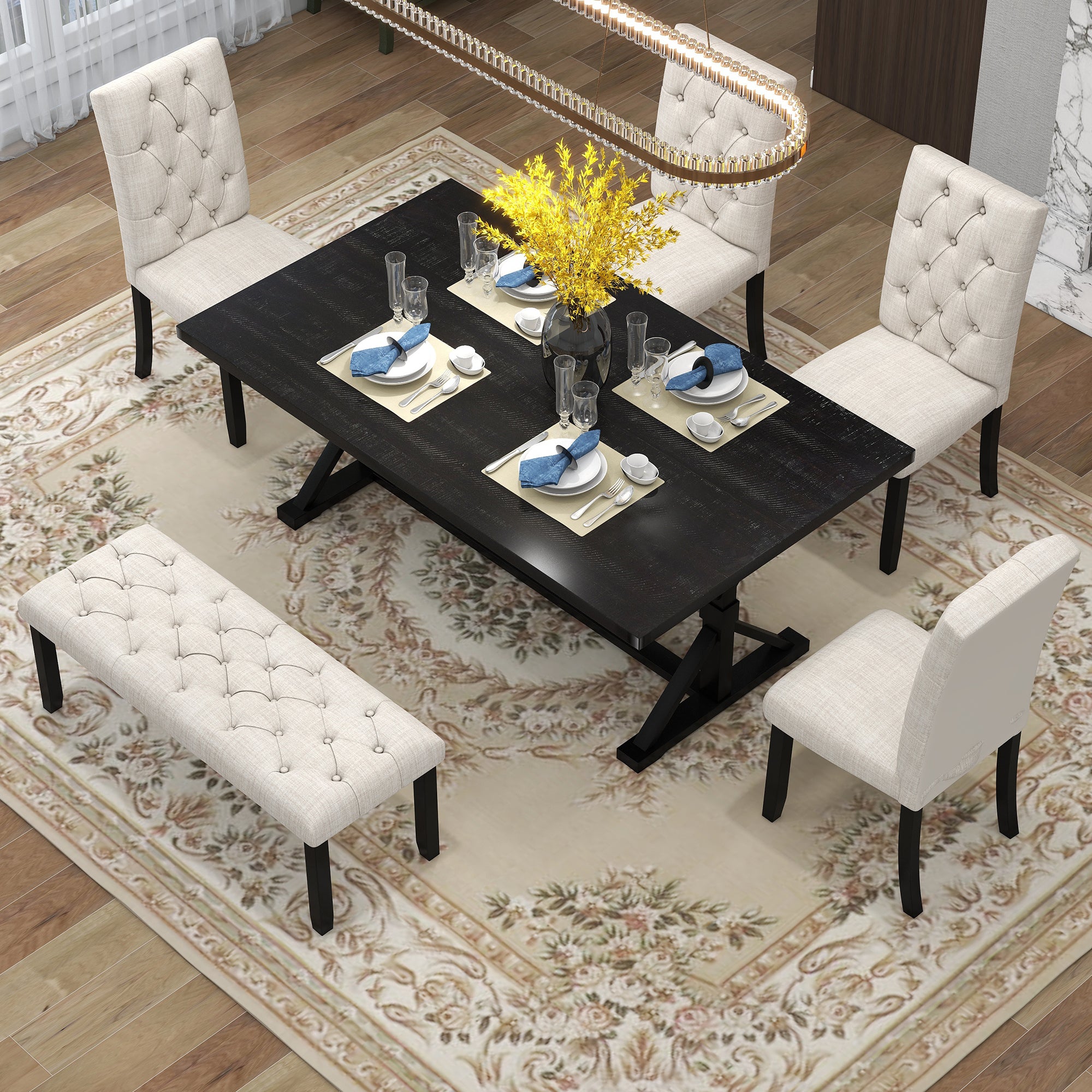 6-Piece Farmhouse Dining Set, 72" Table & Bench