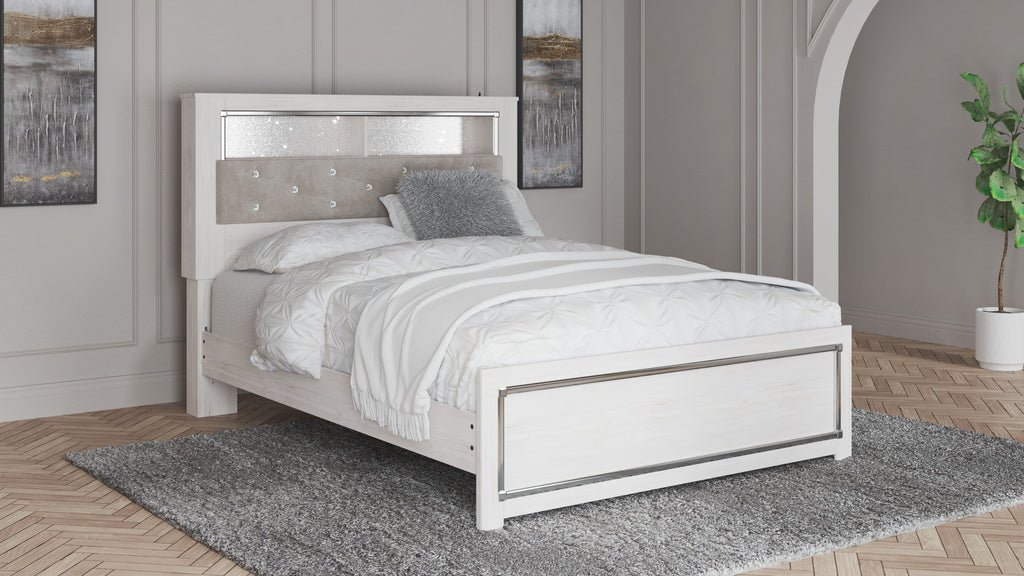 Queen bookcase bed with white wood frame and light beige tufted headboard