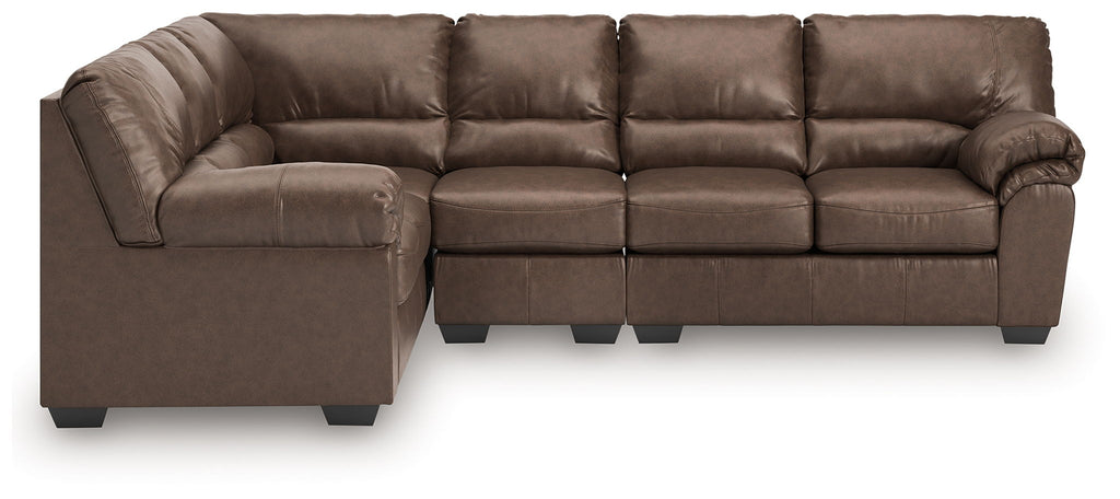 L-shaped sectional sofa with tufted cushions, dark brown upholstered fabric