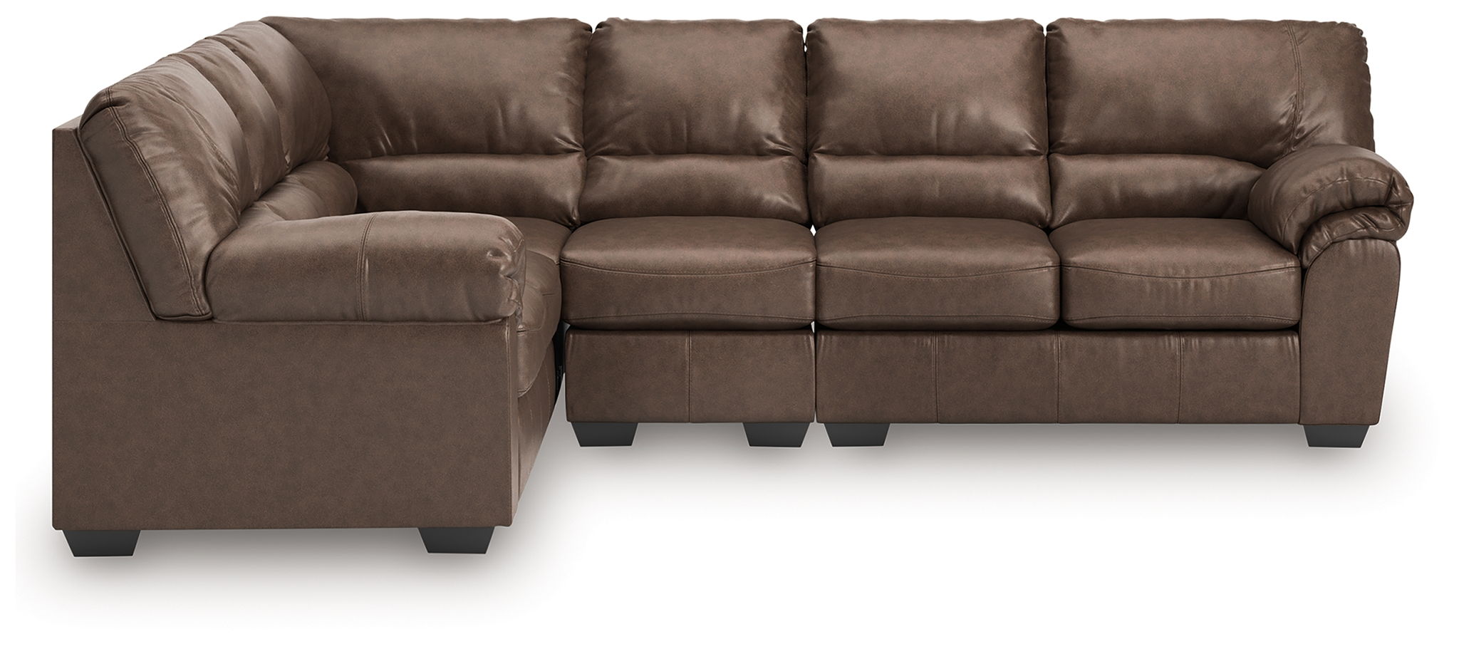 L-shaped sectional sofa with tufted cushions, dark brown upholstered fabric