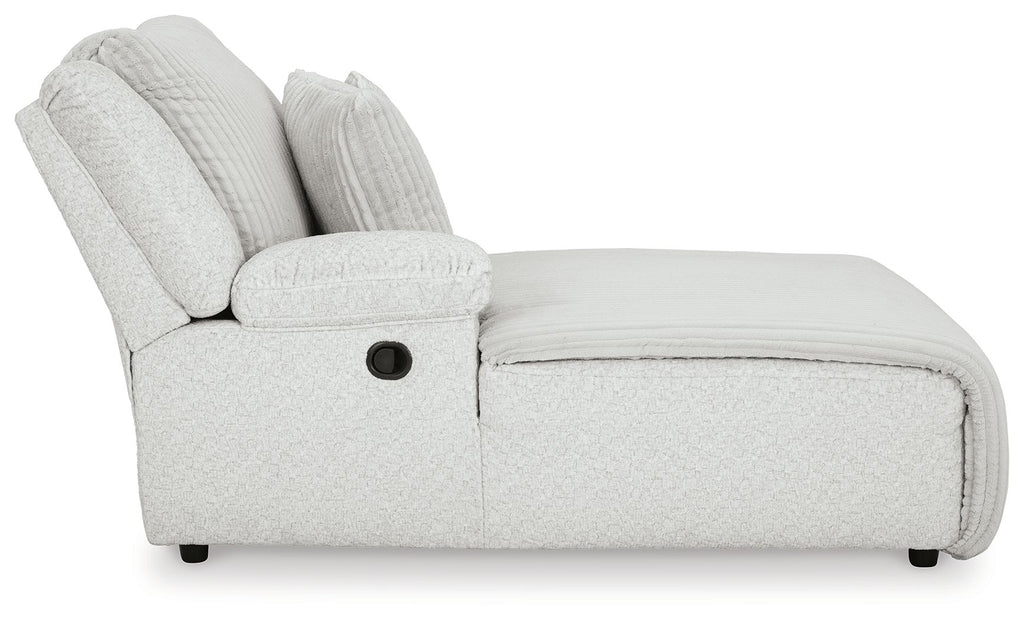 Left-arm chaise with light-gray upholstered arm and round control on armrest