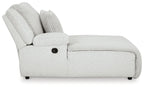 Left-arm chaise with light-gray upholstered arm and round control on armrest