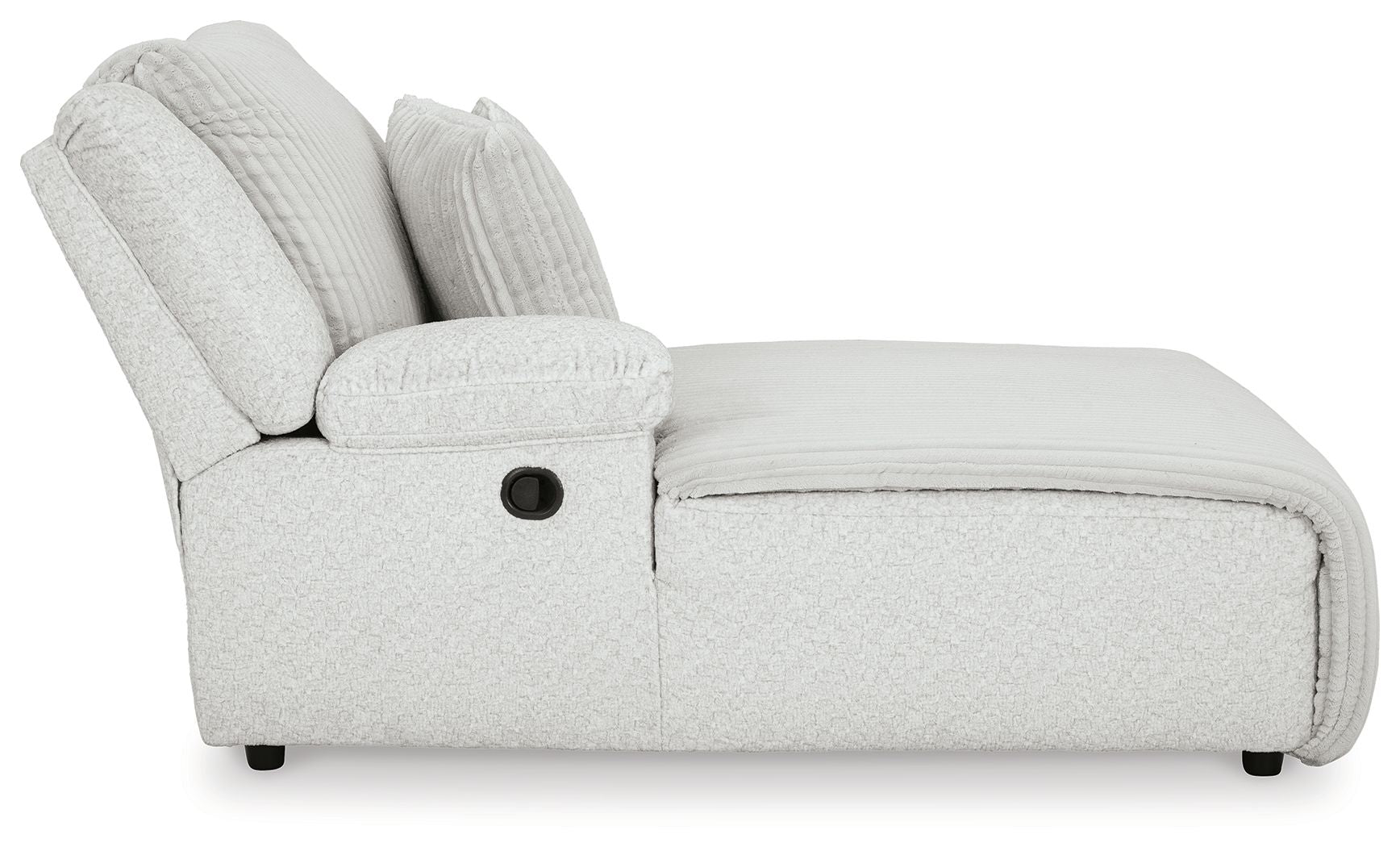Left-arm chaise with light-gray upholstered arm and round control on armrest